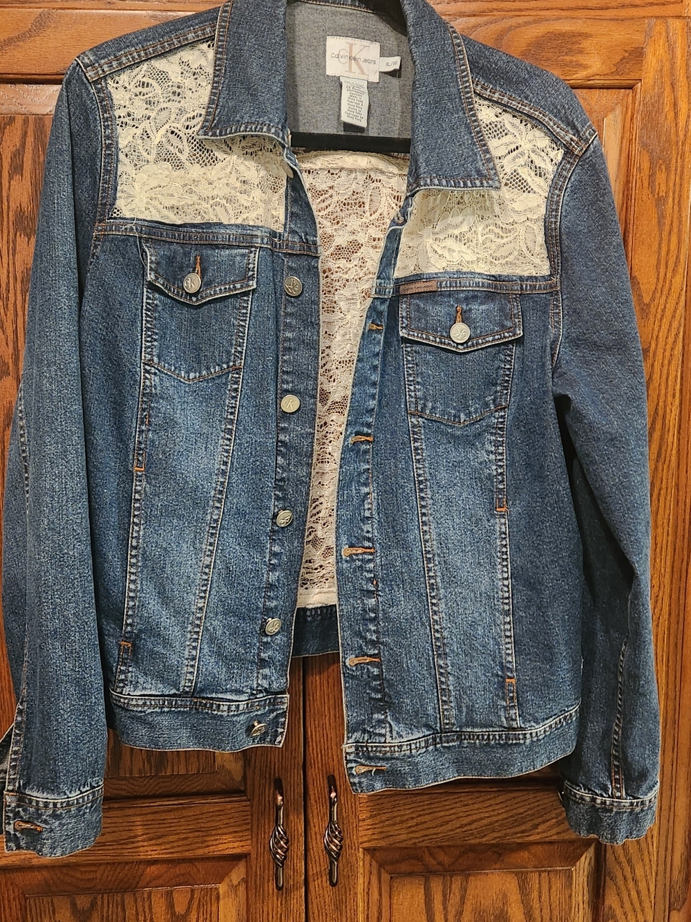 Calvin Klein Blue Denim Jacket with Cream Lace Panels